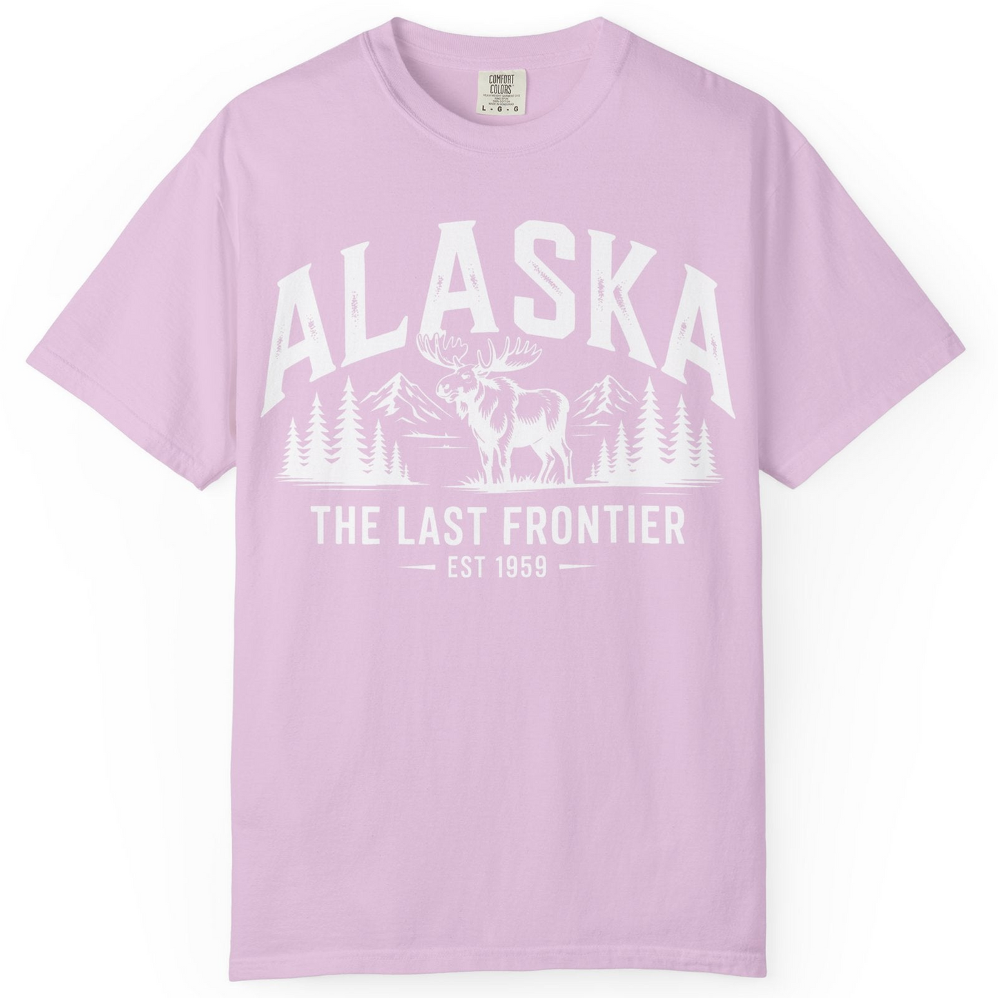 Alaska The Last Frontier Moose Mountain Wilderness Graphic Shirt — Comfort Comfort Colors T-Shirt – Orchid – Alaska Cruise Shirts