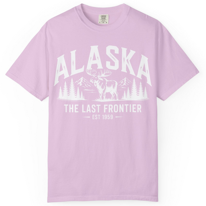 Alaska The Last Frontier Moose Mountain Wilderness Graphic Shirt — Comfort Comfort Colors T-Shirt – Orchid – Alaska Cruise Shirts