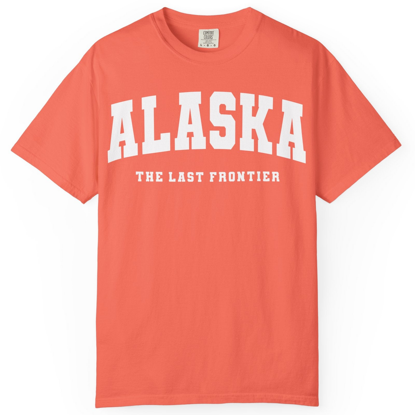 Alaska The Last Frontier Bold Collegiate Vintage State Pride Shirt — Comfort Comfort Colors T-Shirt – Bright Salmon – Alaska Cruise Shirts