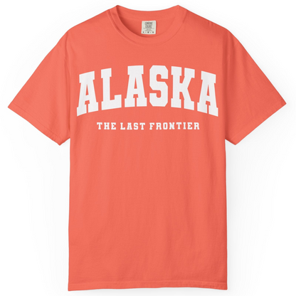 Alaska The Last Frontier Bold Collegiate Vintage State Pride Shirt — Comfort Comfort Colors T-Shirt – Bright Salmon – Alaska Cruise Shirts