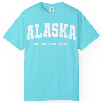 Alaska The Last Frontier Bold Collegiate Vintage State Pride Shirt — Comfort Comfort Colors T-Shirt – Lagoon Blue – Alaska Cruise Shirts
