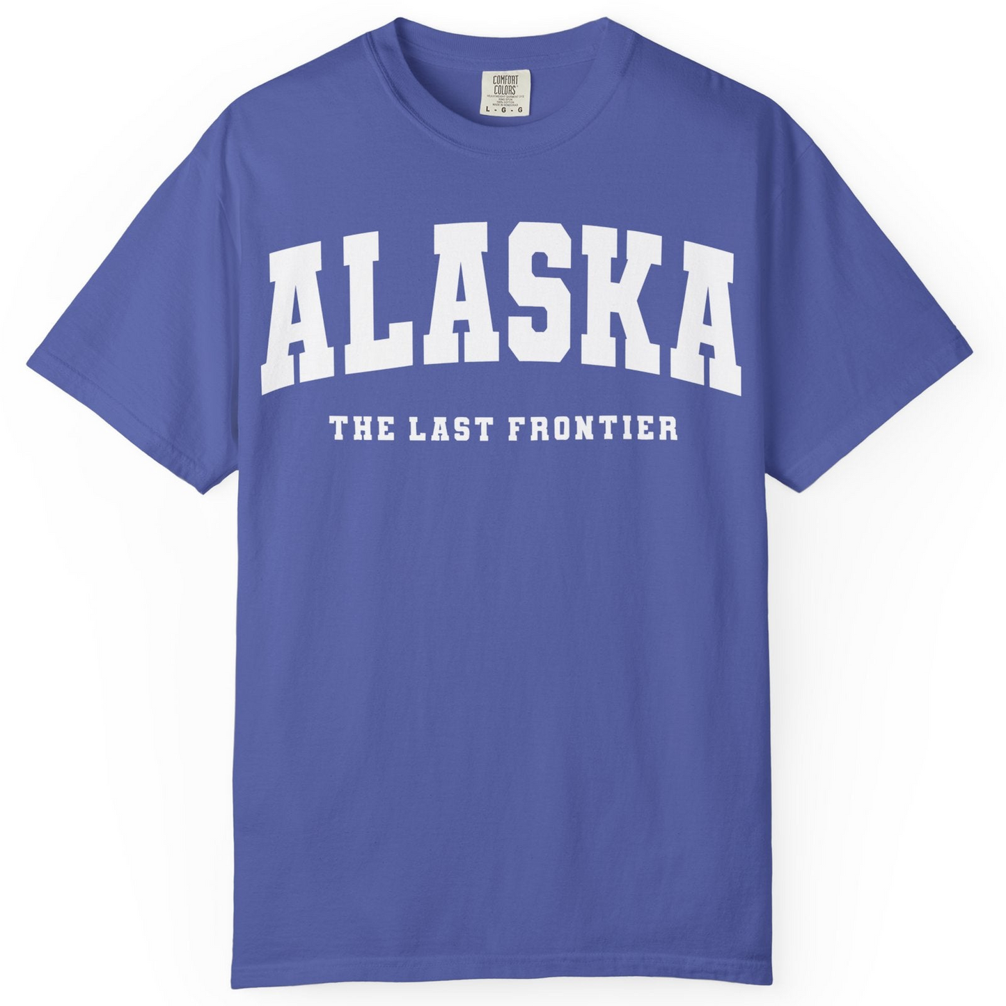Alaska The Last Frontier Bold Collegiate Vintage State Pride Shirt — Comfort Comfort Colors T-Shirt – Periwinkle – Alaska Cruise Shirts