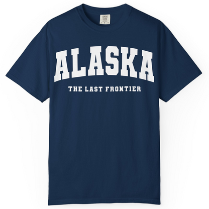 Alaska The Last Frontier Bold Collegiate Vintage State Pride Shirt — Comfort Comfort Colors T-Shirt – Navy – Alaska Cruise Shirts