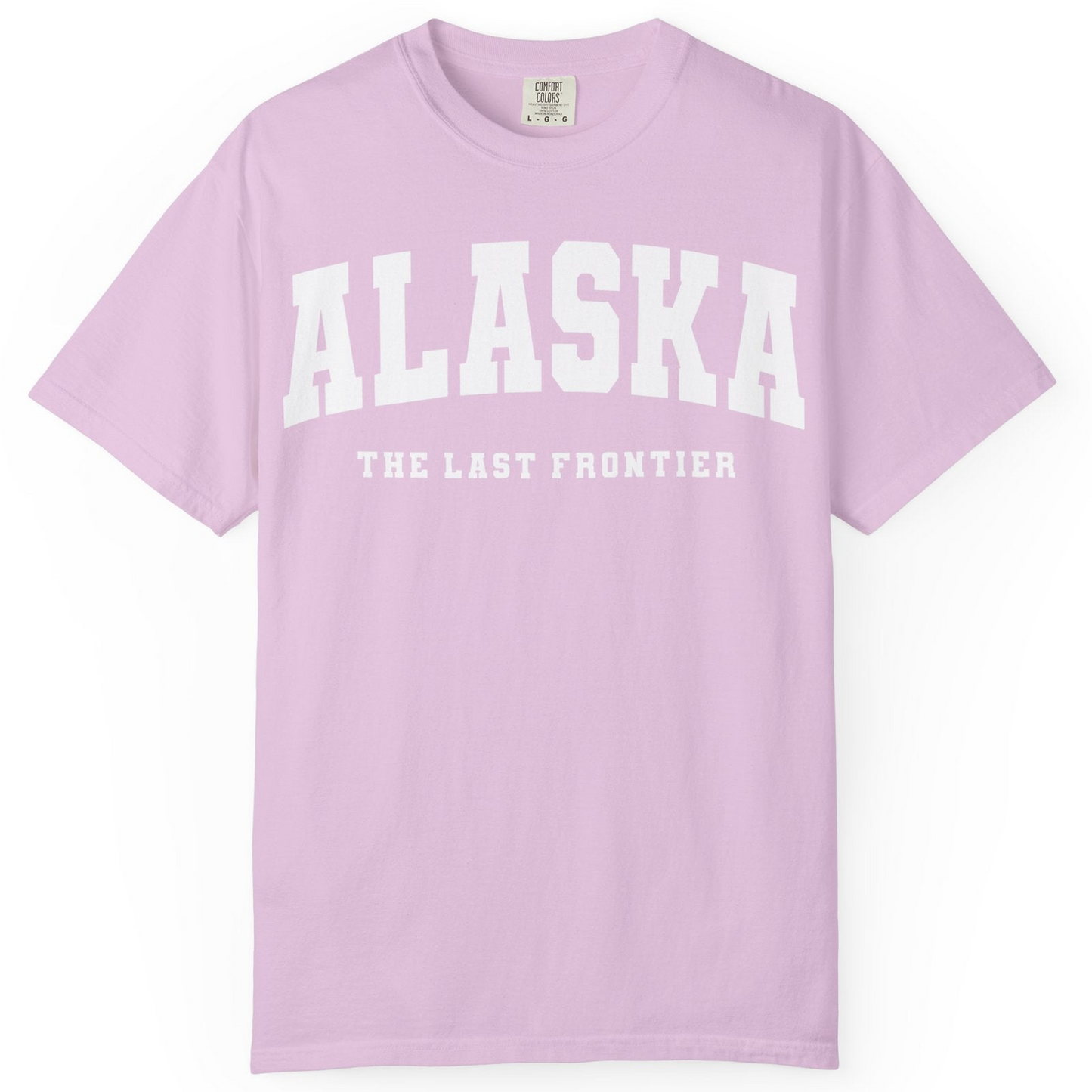 Alaska The Last Frontier Bold Collegiate Vintage State Pride Shirt — Comfort Comfort Colors T-Shirt – Orchid – Alaska Cruise Shirts