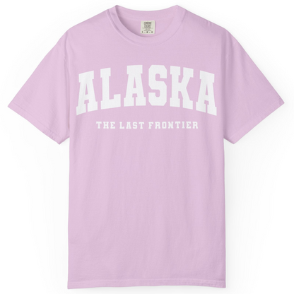 Alaska The Last Frontier Bold Collegiate Vintage State Pride Shirt — Comfort Comfort Colors T-Shirt – Orchid – Alaska Cruise Shirts
