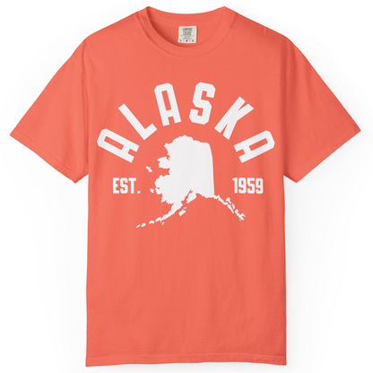 Vintage Alaska State Outline Est 1959 Retro Collegiate Shirt — Comfort Comfort Colors T-Shirt – Bright Salmon – Alaska Cruise Shirts