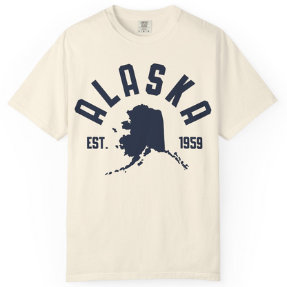 Vintage Alaska State Outline Est 1959 Retro Collegiate Shirt — Comfort Comfort Colors T-Shirt – Ivory – Alaska Cruise Shirts
