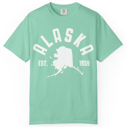 Vintage Alaska State Outline Est 1959 Retro Collegiate Shirt — Comfort Comfort Colors T-Shirt – Island Reef – Alaska Cruise Shirts