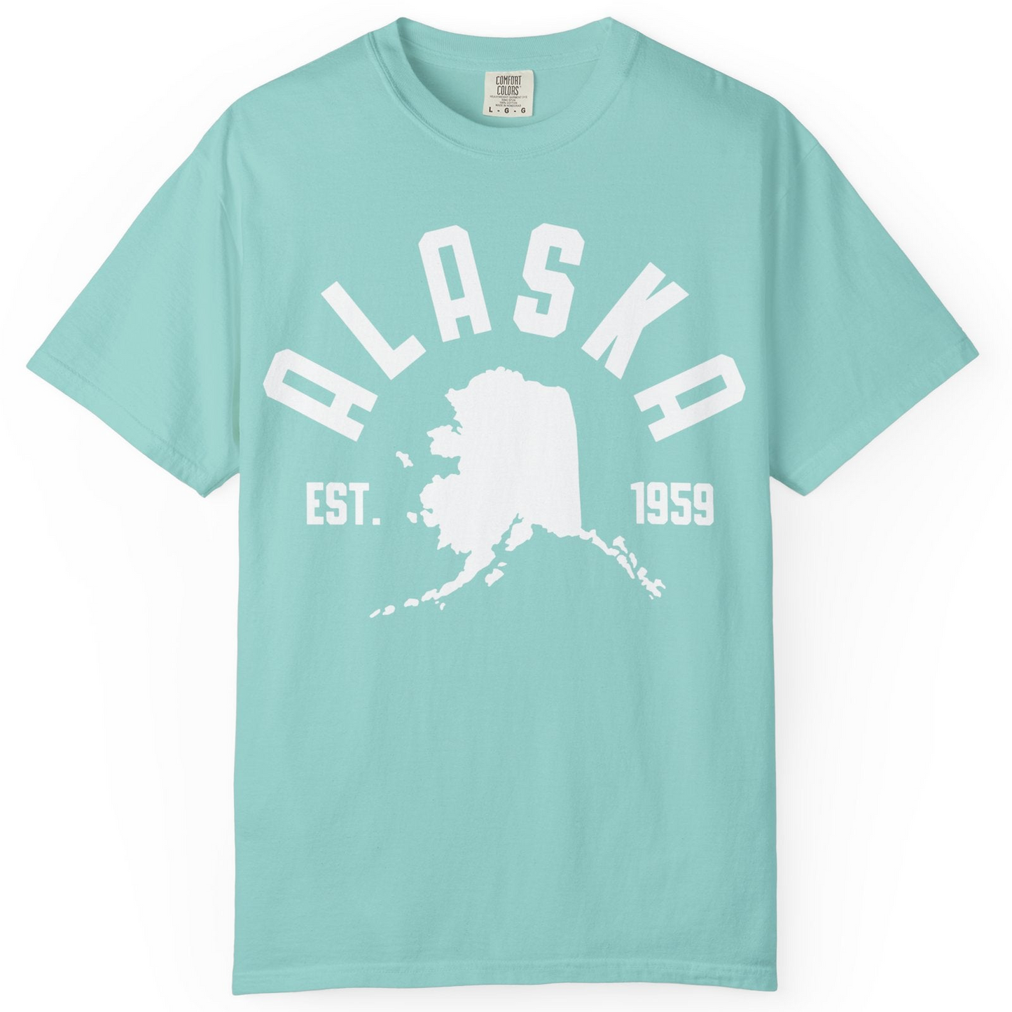 Vintage Alaska State Outline Est 1959 Retro Collegiate Shirt — Comfort Comfort Colors T-Shirt – Chalky Mint – Alaska Cruise Shirts