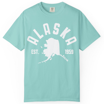 Vintage Alaska State Outline Est 1959 Retro Collegiate Shirt — Comfort Comfort Colors T-Shirt – Chalky Mint – Alaska Cruise Shirts