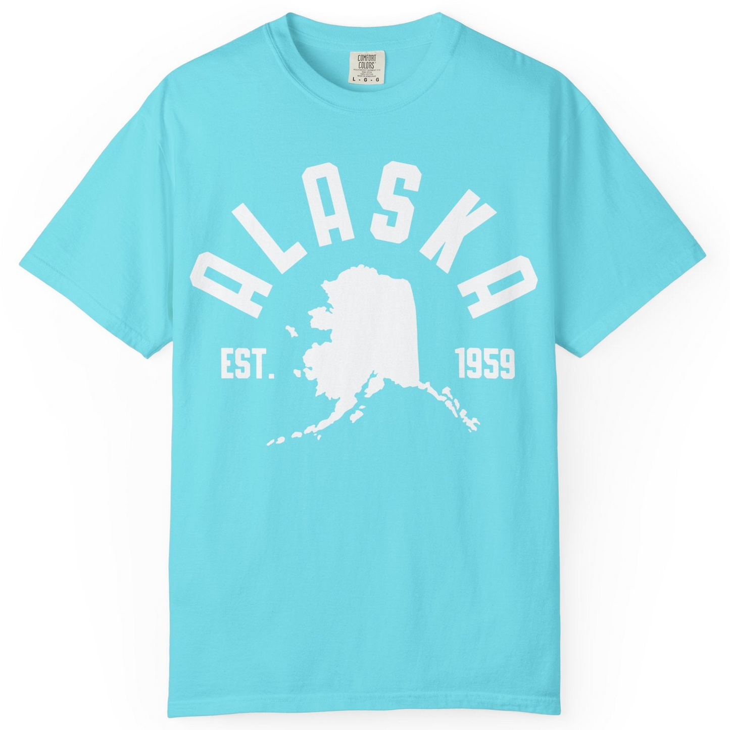 Vintage Alaska State Outline Est 1959 Retro Collegiate Shirt — Comfort Comfort Colors T-Shirt – Lagoon Blue – Alaska Cruise Shirts