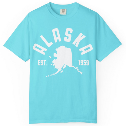 Vintage Alaska State Outline Est 1959 Retro Collegiate Shirt — Comfort Comfort Colors T-Shirt – Lagoon Blue – Alaska Cruise Shirts