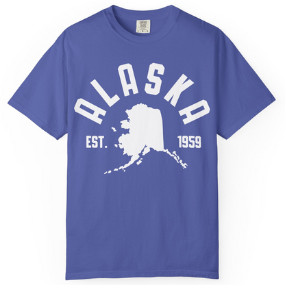 Vintage Alaska State Outline Est 1959 Retro Collegiate Shirt — Comfort Comfort Colors T-Shirt – Periwinkle – Alaska Cruise Shirts