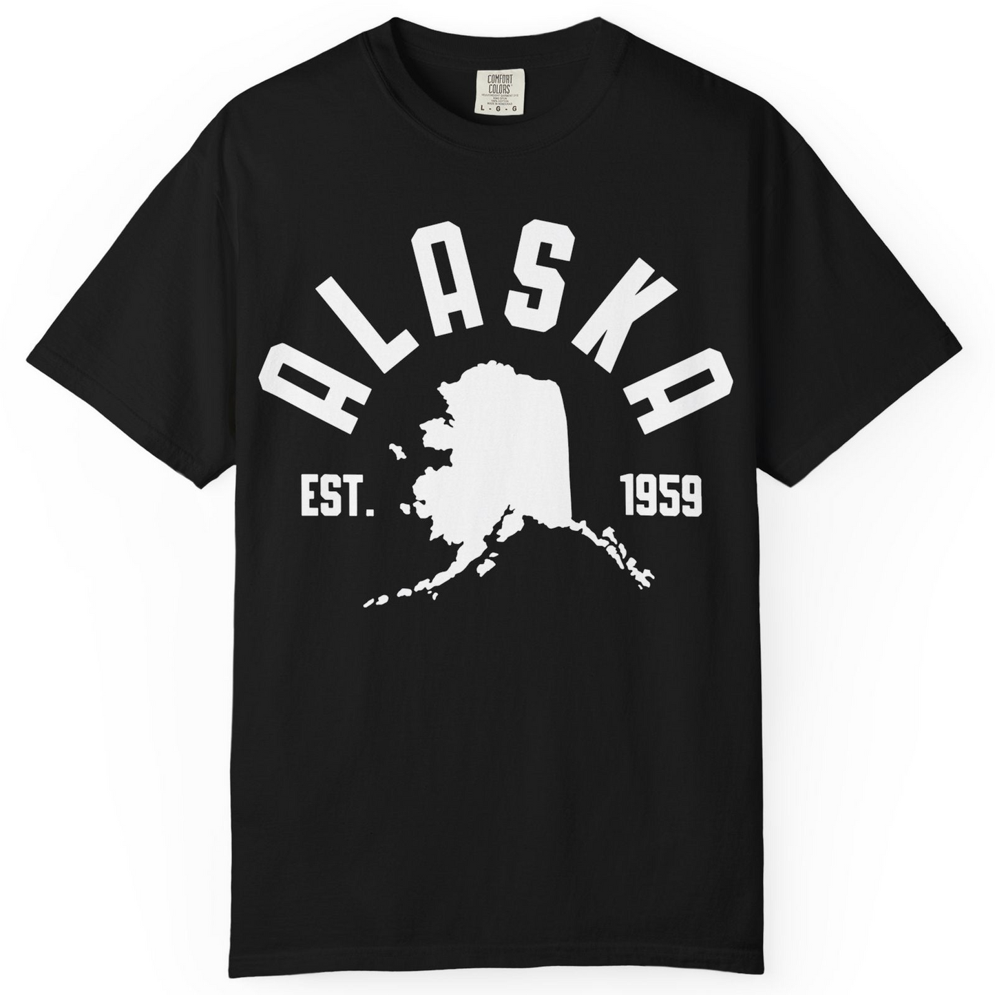 Vintage Alaska State Outline Est 1959 Retro Collegiate Shirt — Comfort Comfort Colors T-Shirt – Black – Alaska Cruise Shirts