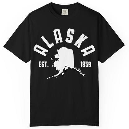 Vintage Alaska State Outline Est 1959 Retro Collegiate Shirt — Comfort Comfort Colors T-Shirt – Black – Alaska Cruise Shirts