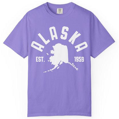 Vintage Alaska State Outline Est 1959 Retro Collegiate Shirt — Comfort Comfort Colors T-Shirt – Violet – Alaska Cruise Shirts