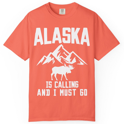 Alaska Is Calling Moose Mountains Adventure Silhouette Nature Shirt — Comfort Comfort Colors T-Shirt – Bright Salmon – Alaska Cruise Shirts
