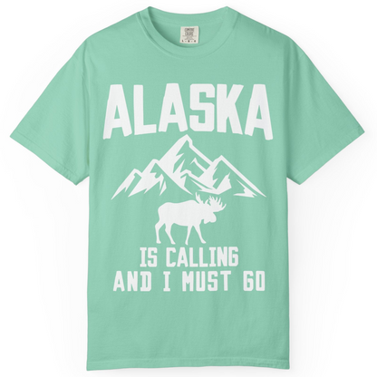 Alaska Is Calling Moose Mountains Adventure Silhouette Nature Shirt — Comfort Comfort Colors T-Shirt – Island Reef – Alaska Cruise Shirts