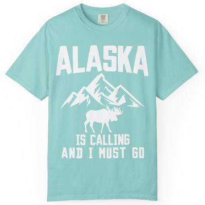 Alaska Is Calling Moose Mountains Adventure Silhouette Nature Shirt — Comfort Comfort Colors T-Shirt – Chalky Mint – Alaska Cruise Shirts