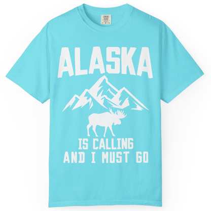 Alaska Is Calling Moose Mountains Adventure Silhouette Nature Shirt — Comfort Comfort Colors T-Shirt – Lagoon Blue – Alaska Cruise Shirts