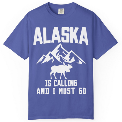 Alaska Is Calling Moose Mountains Adventure Silhouette Nature Shirt — Comfort Comfort Colors T-Shirt – Periwinkle – Alaska Cruise Shirts
