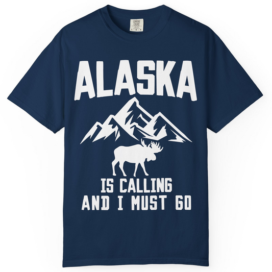 Alaska Is Calling Moose Mountains Adventure Silhouette Nature Shirt — Comfort Comfort Colors T-Shirt – Navy – Alaska Cruise Shirts