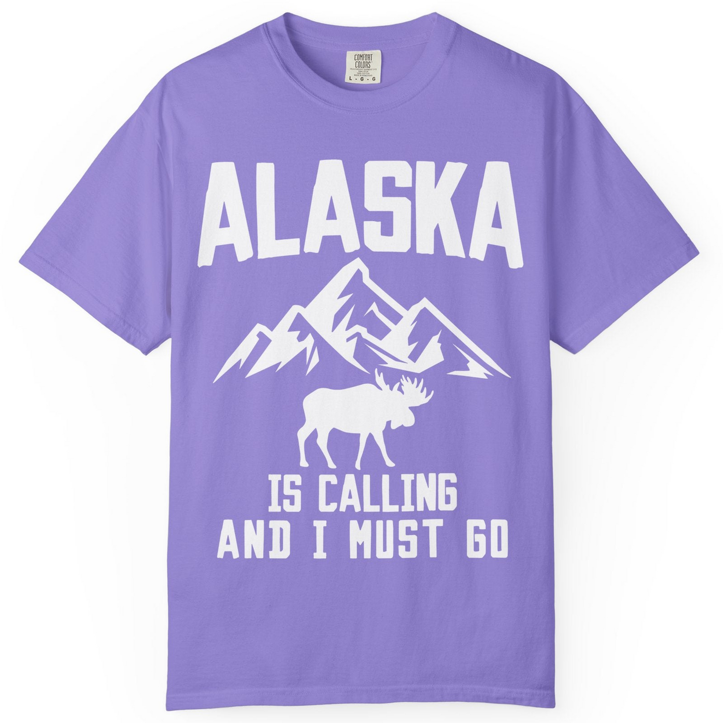 Alaska Is Calling Moose Mountains Adventure Silhouette Nature Shirt — Comfort Comfort Colors T-Shirt – Violet – Alaska Cruise Shirts