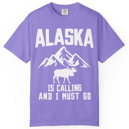 Alaska Is Calling Moose Mountains Adventure Silhouette Nature Shirt — Comfort Comfort Colors T-Shirt – Violet – Alaska Cruise Shirts