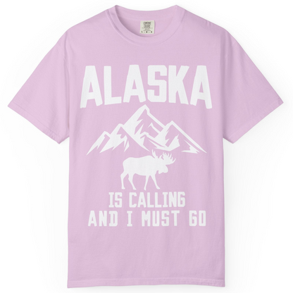 Alaska Is Calling Moose Mountains Adventure Silhouette Nature Shirt — Comfort Comfort Colors T-Shirt – Orchid – Alaska Cruise Shirts