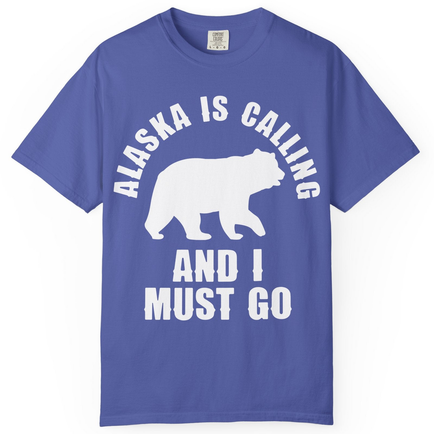Alaska Is Calling Bear Silhouette Adventure Shirt Comfort Colors T-Shirt – Periwinkle – Alaska Cruise Shirts