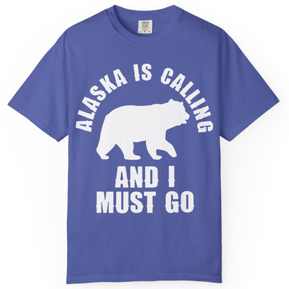 Alaska Is Calling Bear Silhouette Adventure Shirt Comfort Colors T-Shirt – Periwinkle – Alaska Cruise Shirts