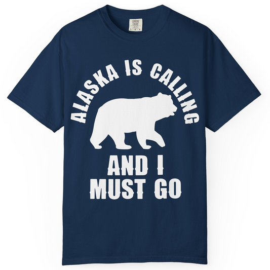 Alaska Is Calling Bear Silhouette Adventure Shirt Comfort Colors T-Shirt – Navy – Alaska Cruise Shirts
