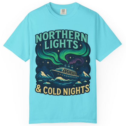 Northern Lights Alaska Cruise Ship Night Adventure Travel Shirt — Comfort Comfort Colors T-Shirt – Lagoon Blue – Alaska Cruise Shirts