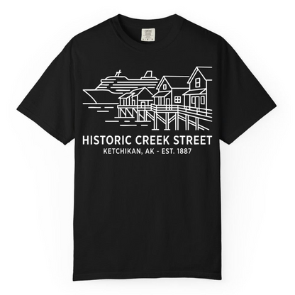 Ketchikan Creek Street Alaska Waterfront and Cruise Ship Shirt — Comfort Comfort Colors T-Shirt – Black – Alaska Cruise Shirts