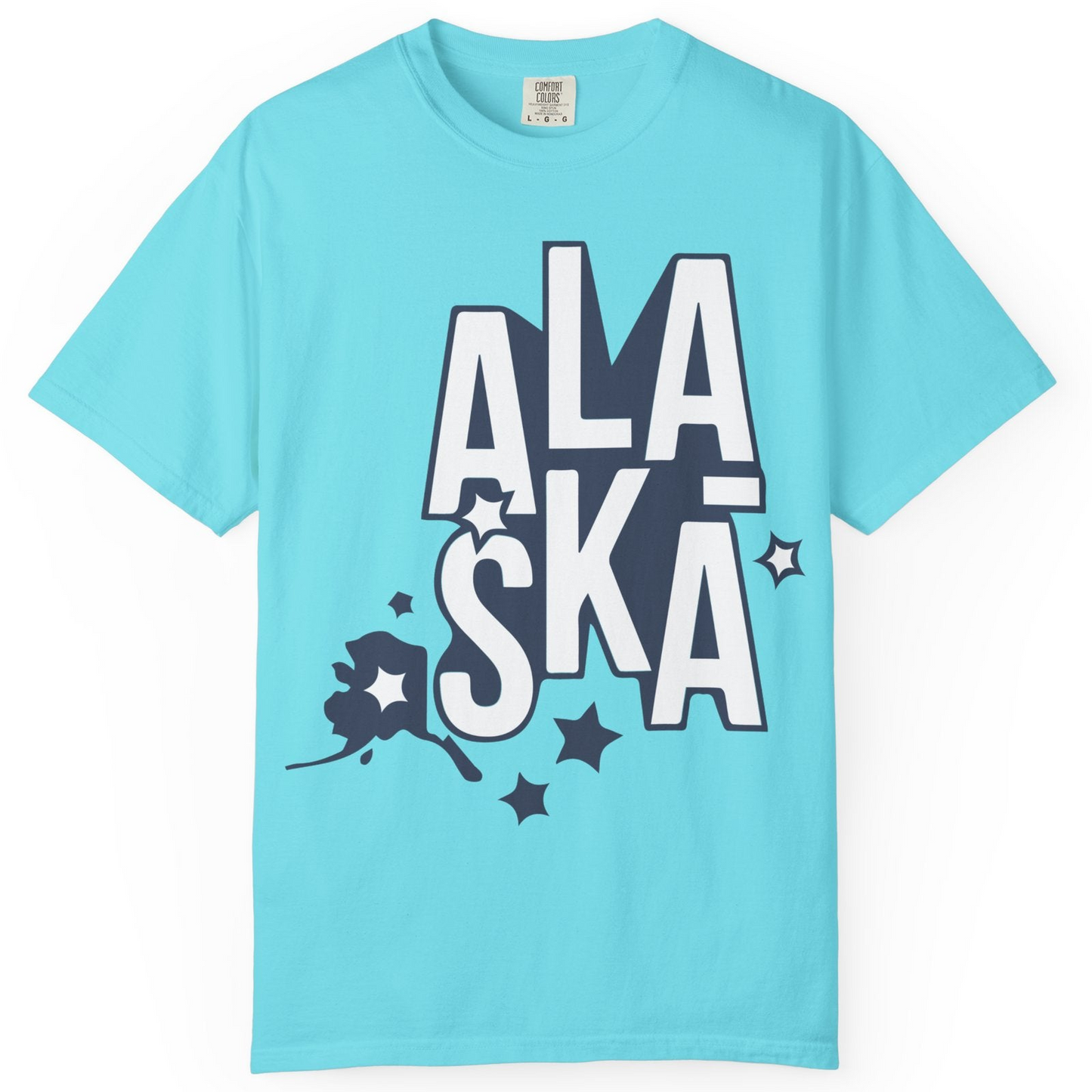 Alaska Stars Bold Typography Shirt Comfort Colors T-Shirt – Lagoon Blue – Alaska Cruise Shirts