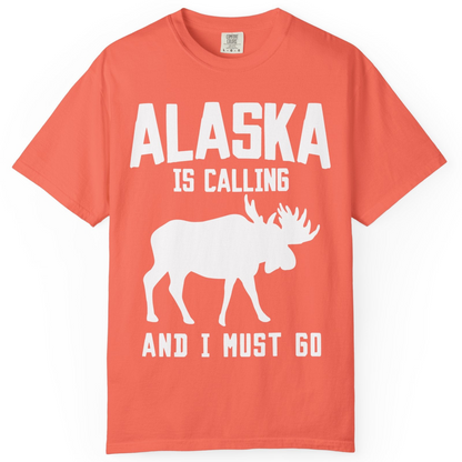 Alaska Is Calling Moose Silhouette Shirt Comfort Colors T-Shirt – Bright Salmon – Alaska Cruise Shirts