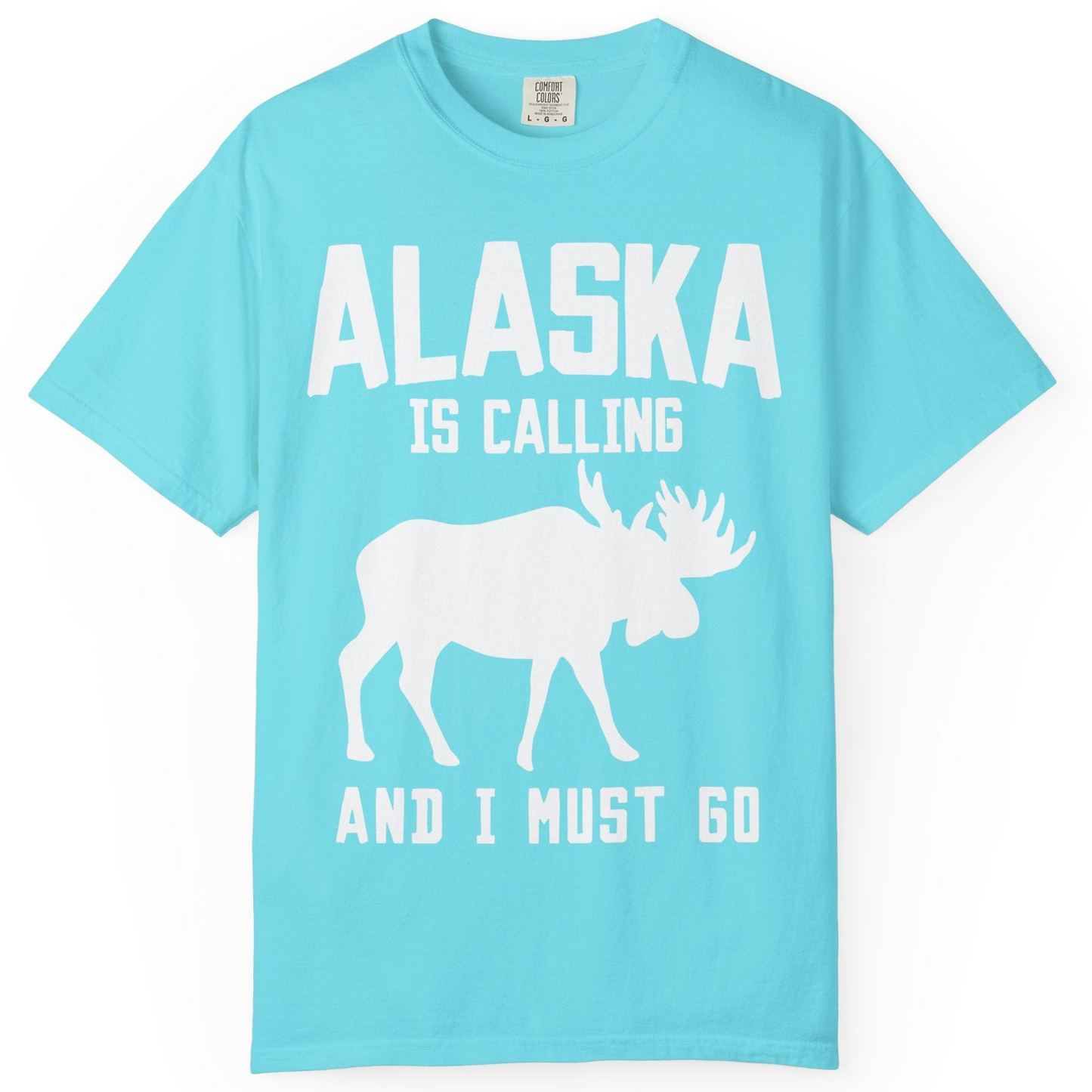 Alaska Is Calling Moose Silhouette Shirt Comfort Colors T-Shirt – Lagoon Blue – Alaska Cruise Shirts