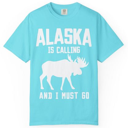 Alaska Is Calling Moose Silhouette Shirt Comfort Colors T-Shirt – Lagoon Blue – Alaska Cruise Shirts