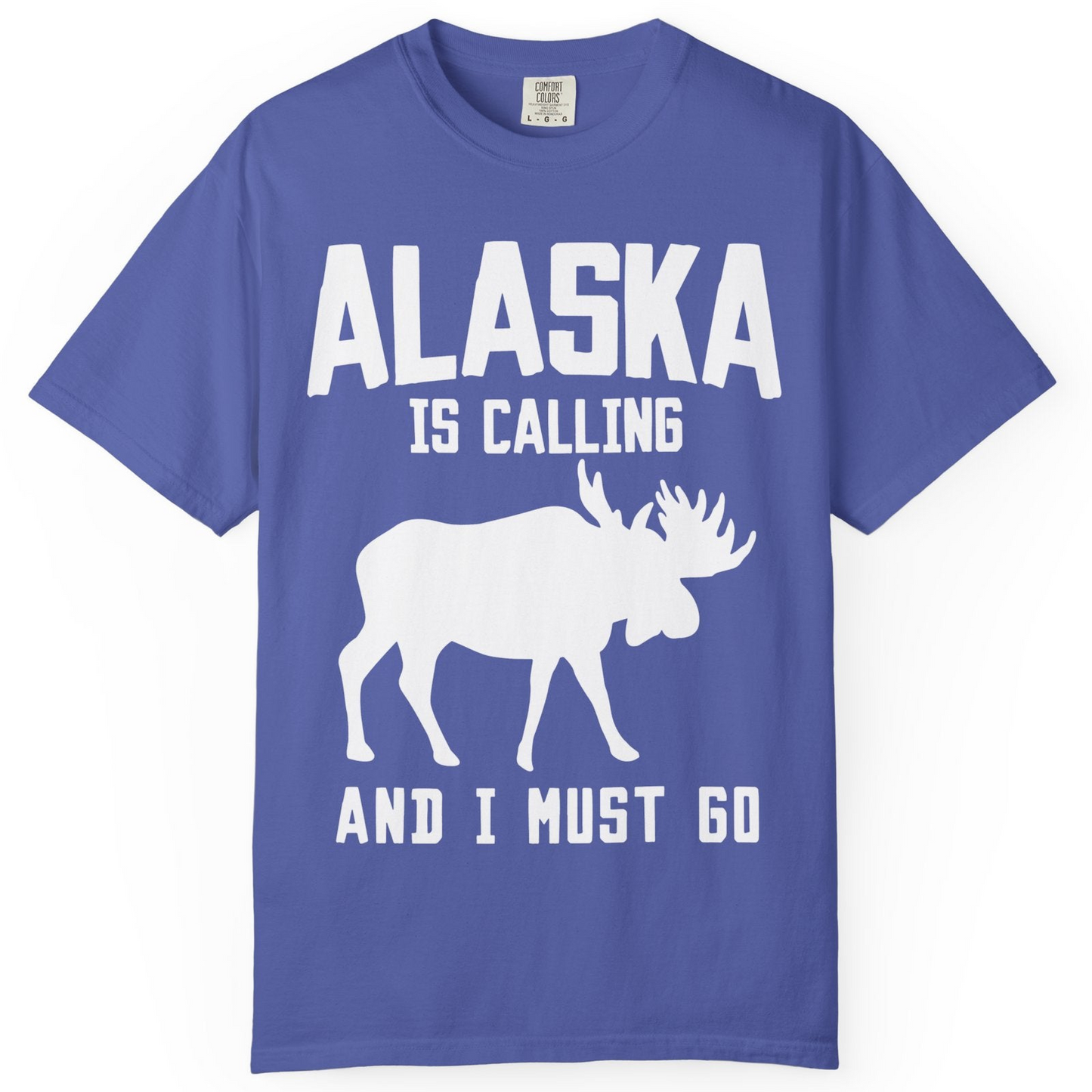 Alaska Is Calling Moose Silhouette Shirt Comfort Colors T-Shirt – Periwinkle – Alaska Cruise Shirts