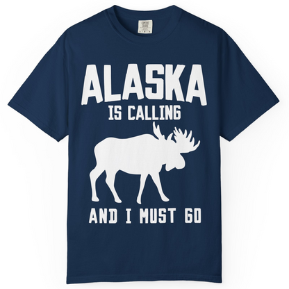 Alaska Is Calling Moose Silhouette Shirt Comfort Colors T-Shirt – Navy – Alaska Cruise Shirts