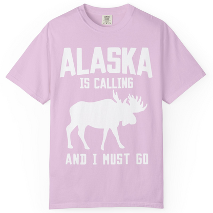 Alaska Is Calling Moose Silhouette Shirt Comfort Colors T-Shirt – Orchid – Alaska Cruise Shirts