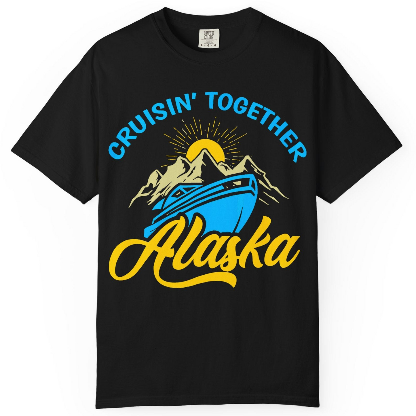 Alaska Cruise Adventure Mountains Sunrise Retro Shirt for Travelers — Comfort Comfort Colors T-Shirt – Black – Alaska Cruise Shirts