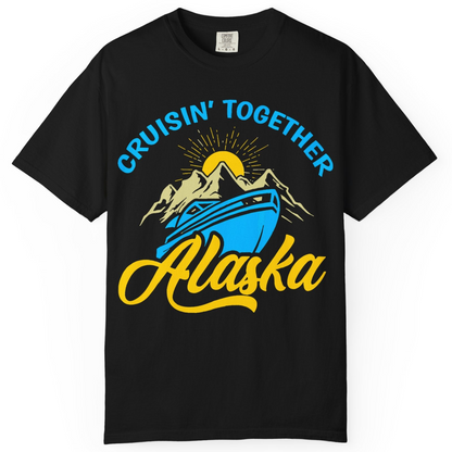 Alaska Cruise Adventure Mountains Sunrise Retro Shirt for Travelers — Comfort Comfort Colors T-Shirt – Black – Alaska Cruise Shirts