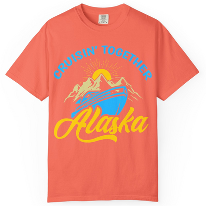 Alaska Cruise Adventure Mountains Sunrise Retro Shirt for Travelers — Comfort Comfort Colors T-Shirt – Bright Salmon – Alaska Cruise Shirts