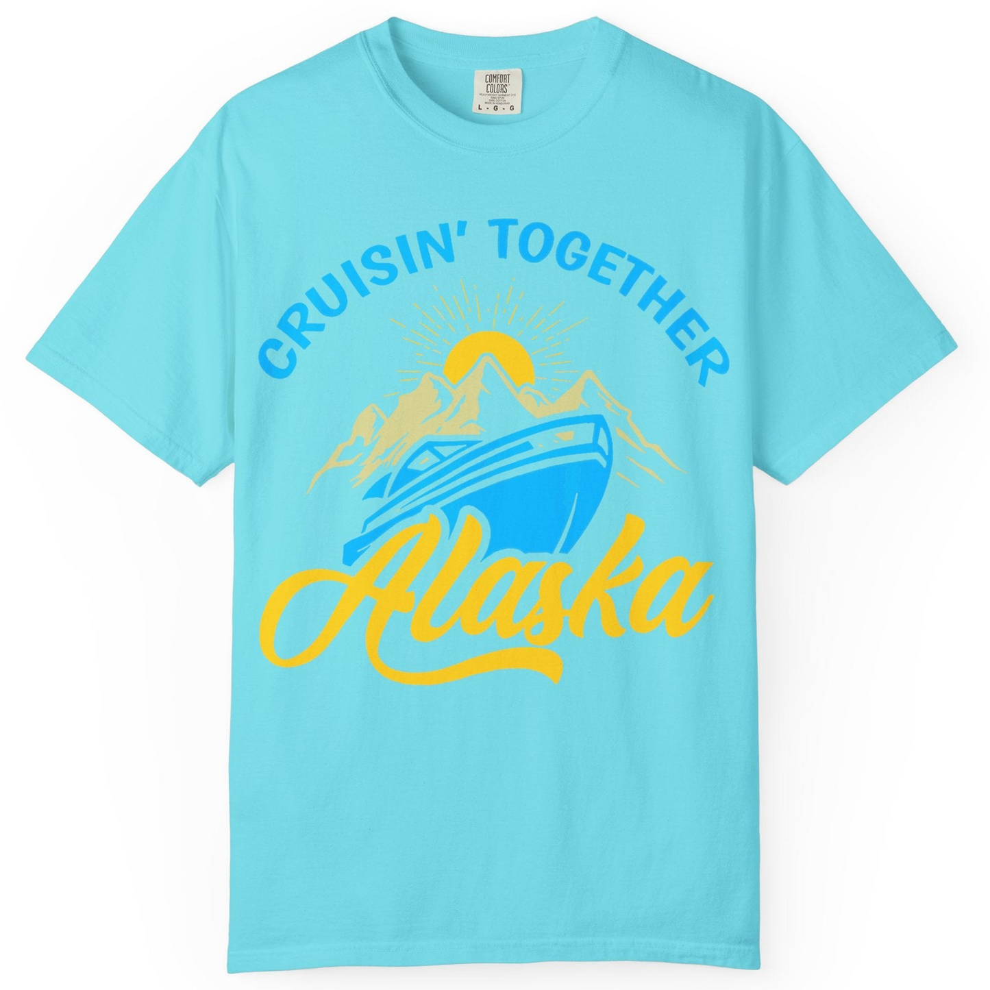 Alaska Cruise Adventure Mountains Sunrise Retro Shirt for Travelers — Comfort Comfort Colors T-Shirt – Lagoon Blue – Alaska Cruise Shirts