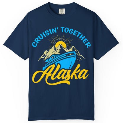 Alaska Cruise Adventure Mountains Sunrise Retro Shirt for Travelers — Comfort Comfort Colors T-Shirt – Navy – Alaska Cruise Shirts