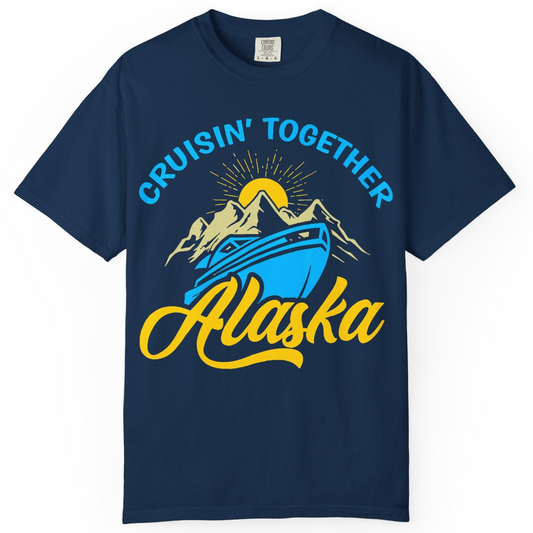 Alaska Cruise Adventure Mountains Sunrise Retro Shirt for Travelers — Comfort Comfort Colors T-Shirt – Navy – Alaska Cruise Shirts
