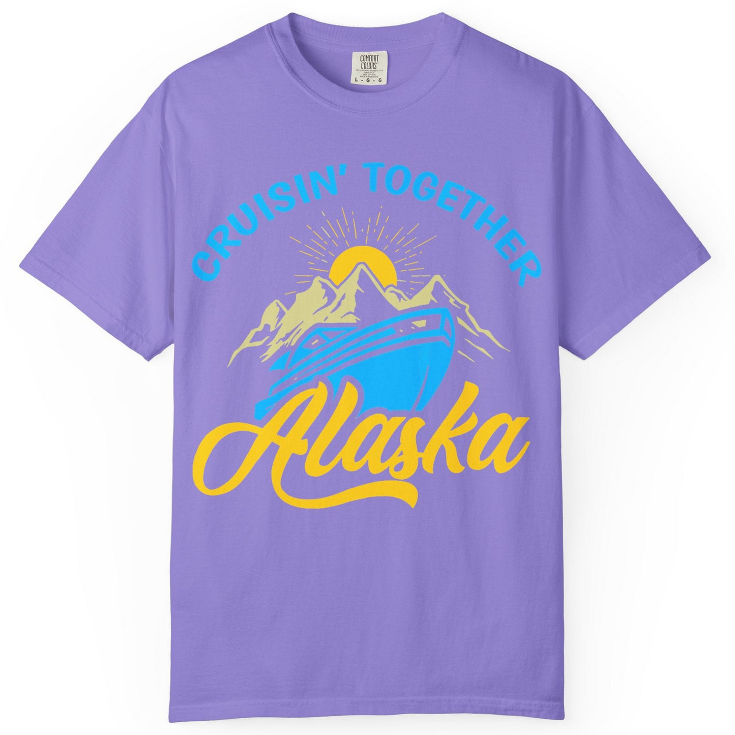 Alaska Cruise Adventure Mountains Sunrise Retro Shirt for Travelers — Comfort Comfort Colors T-Shirt – Violet – Alaska Cruise Shirts