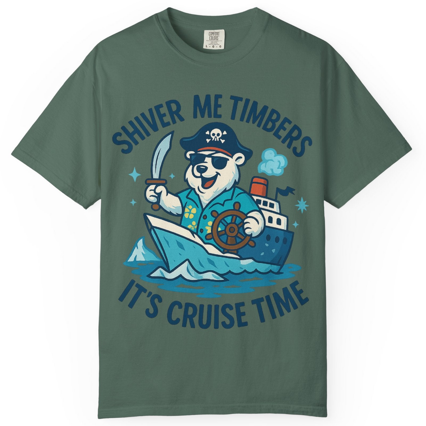 Funny Polar Bear Pirate Cruise Vacation Shirt Comfort Colors T-Shirt – Blue Spruce – Alaska Cruise Shirts