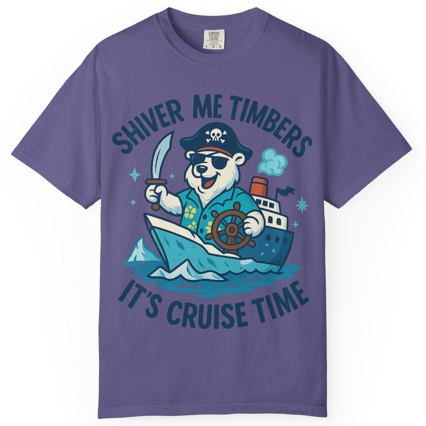 Funny Polar Bear Pirate Cruise Vacation Shirt Comfort Colors T-Shirt – Grape – Alaska Cruise Shirts